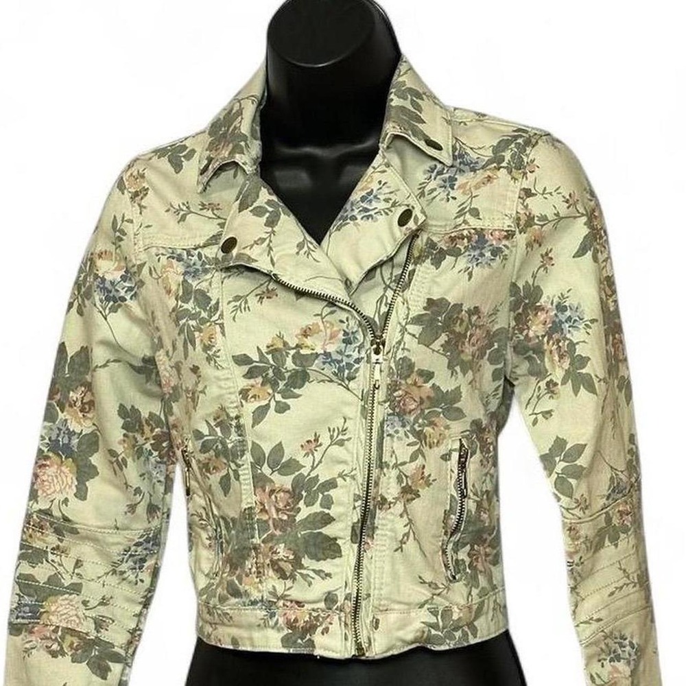 Hot Kiss Floral Denim Jacket Womens Small Cream Excellent Vintage Cropped 80s
